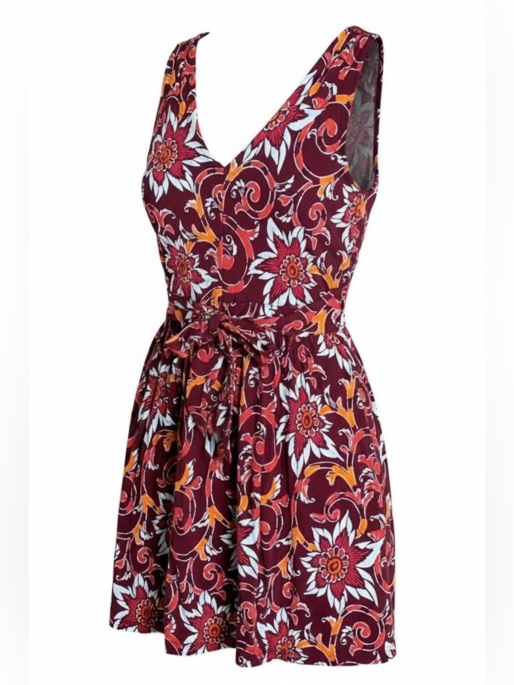 LOFT Women's Floral Red Orange White Sleeveless V-Neck Tie Waist Dress Size SP